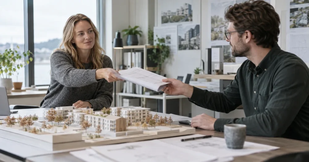 Två projektörer går igenom ritningar och överlämningsunderlag på ett kontor